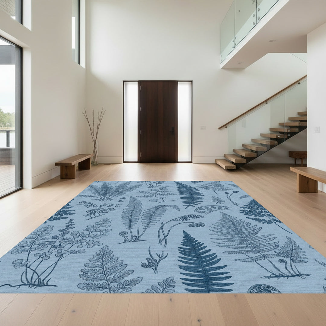 Vintage Blue Fern Botanical Illustration Rug