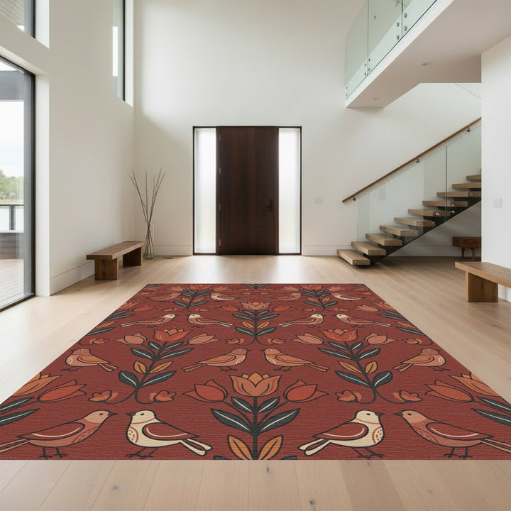 Terracotta Birds and Tulips Folk Art Rug