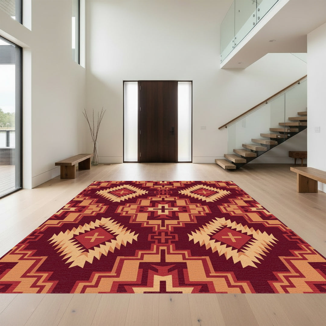 Deep Red Geometric Diamond Sunburst Rug