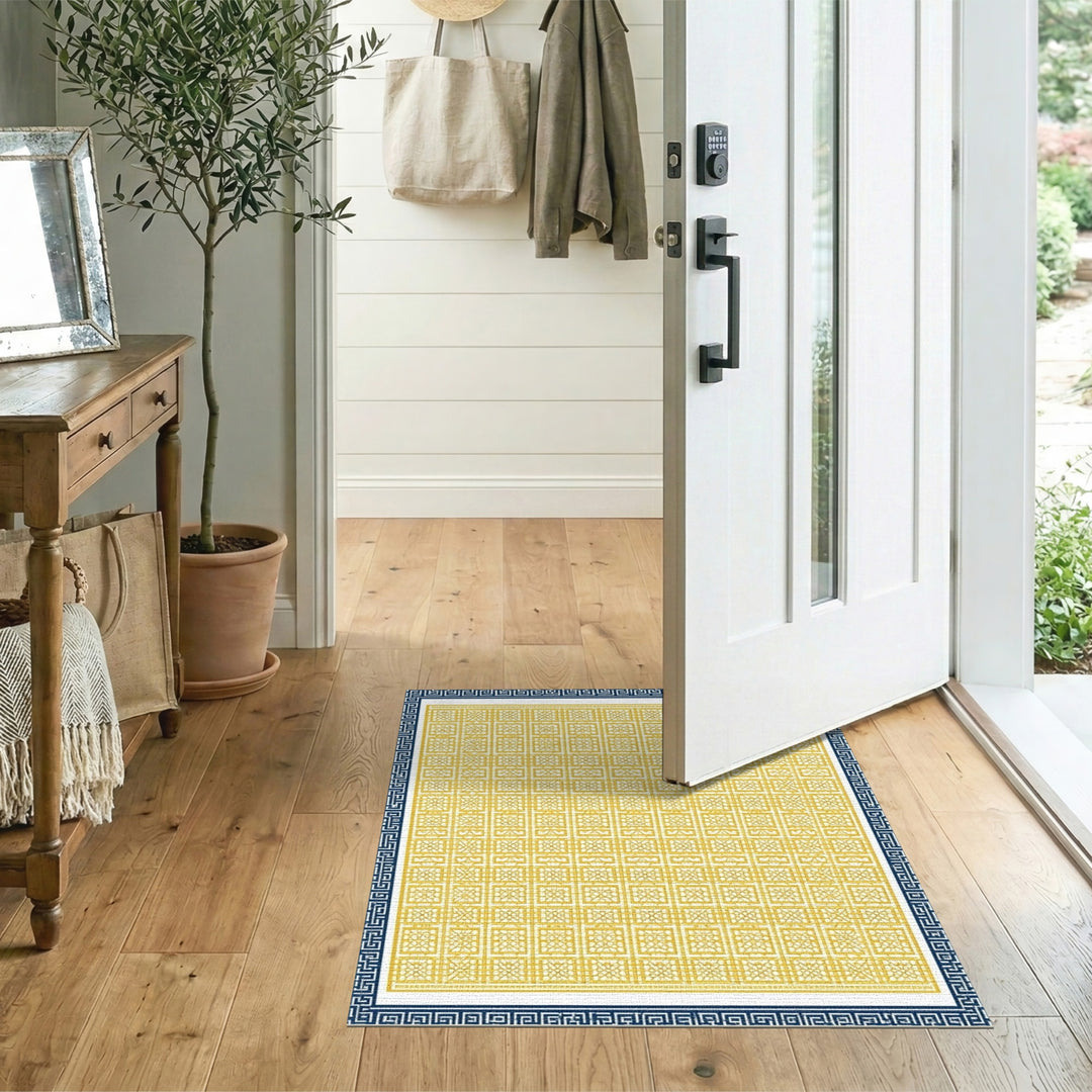 Yellow Geometric Area Rug with Blue Border