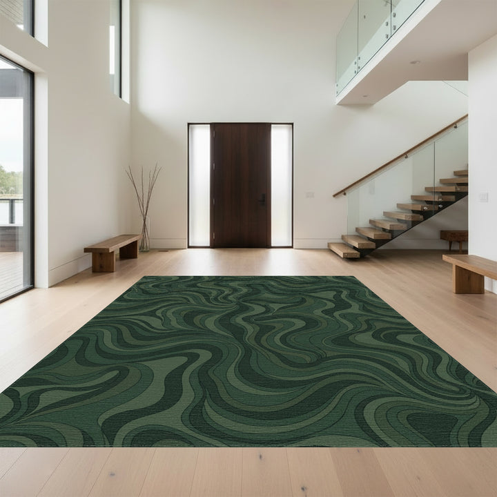 Olive Green Swirling Amorphous Flow Rug