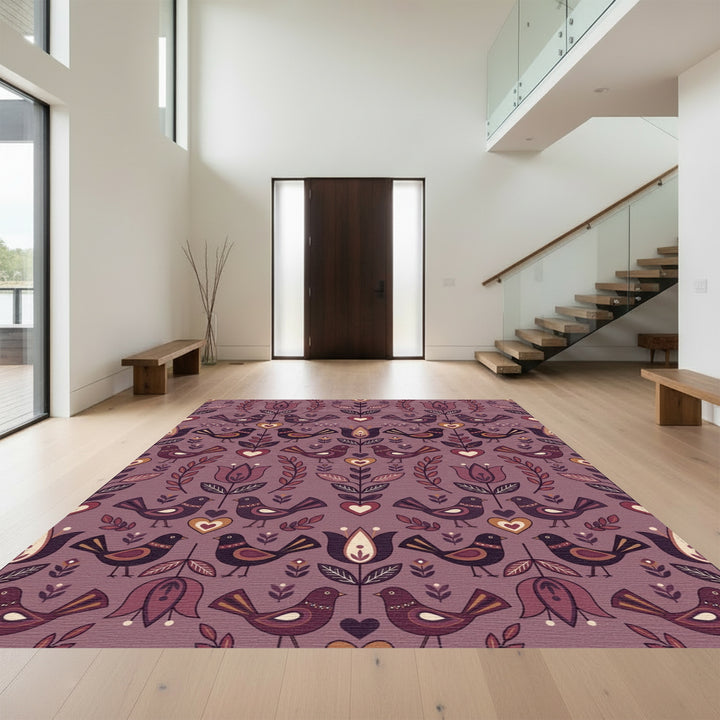 Muted Plum Folk Birds Heart Floral Rug