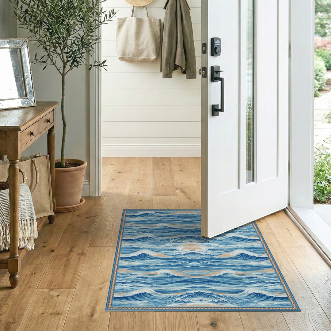 Symmetrical Blue Ocean Waves Area Rug
