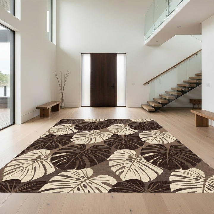 Brown White Leafy Foliage Repeat Rug