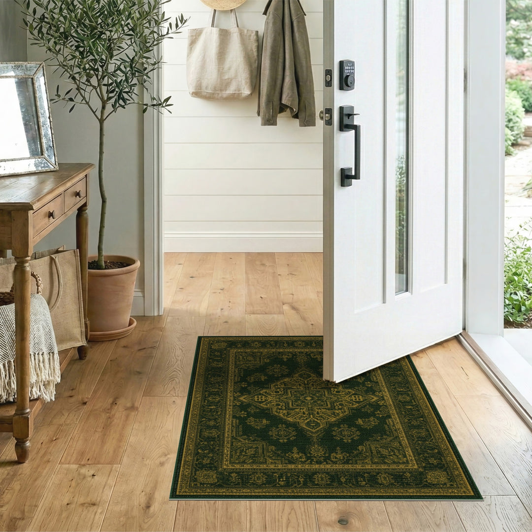 Green Gold Persian Medallion Green Area Rug