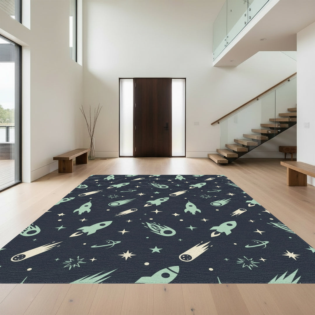 Retro Space Rockets Comets Stars Rug