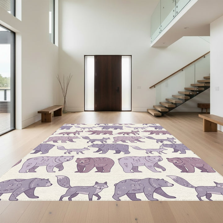Lavender Bear Fox Folk Art Rug
