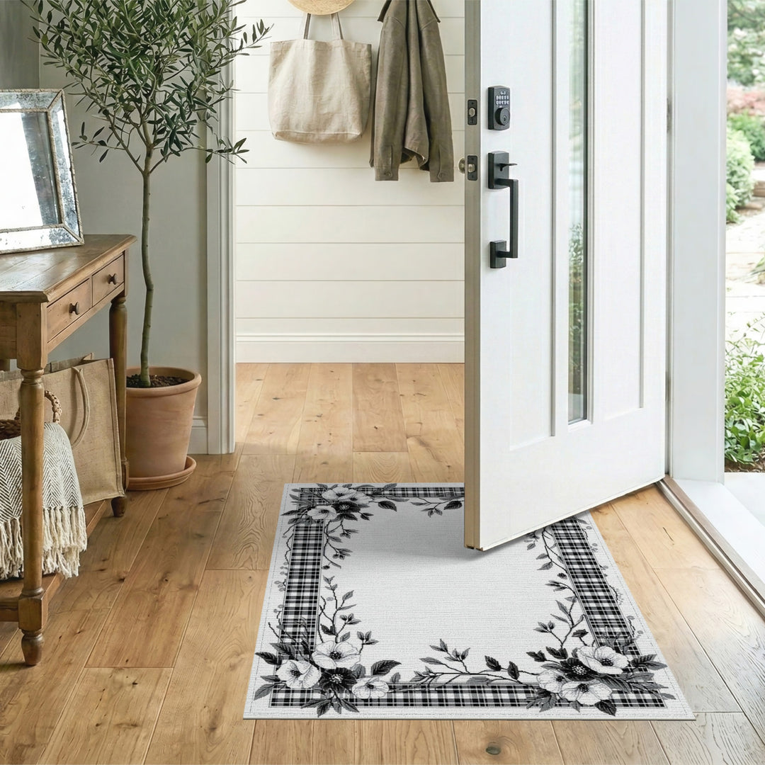 Black White Floral Vintage Plaid Area Rug