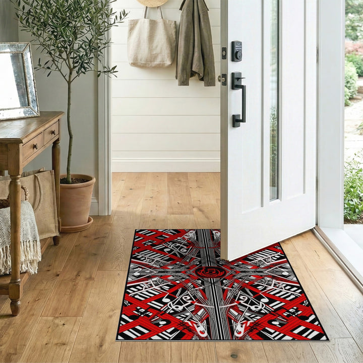 Red Music Notes Geometric Area Rug