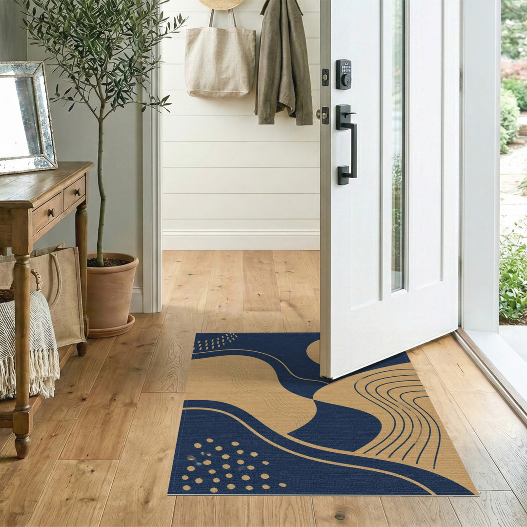 Blue and Teal Navy Gold Abstract Wave Area Rug