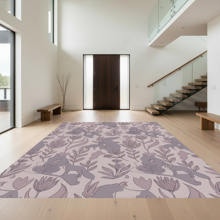 Purple Woodland Fox Floral Arrangement Rug