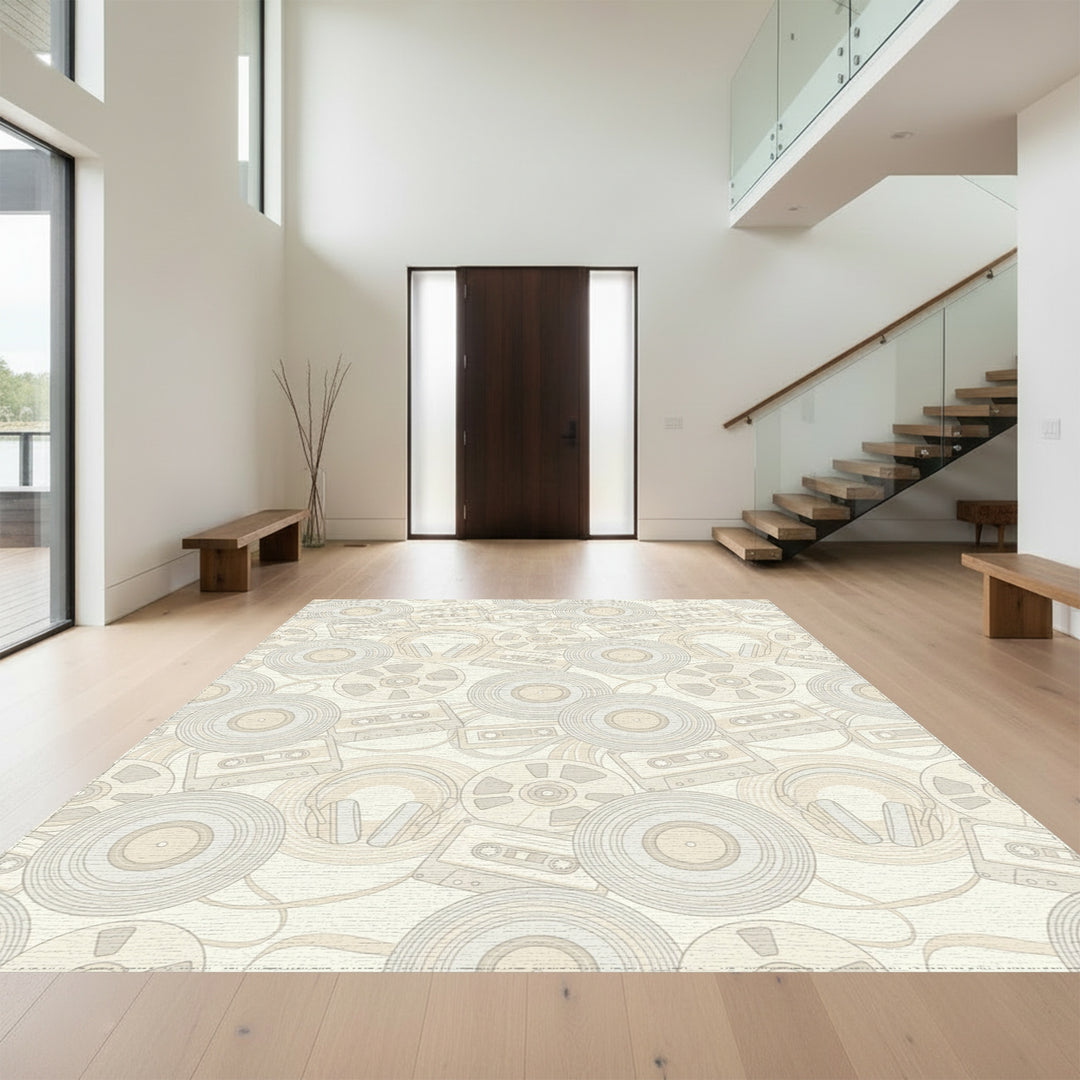 Retro Vinyl Cassette Headphone Cream Rug
