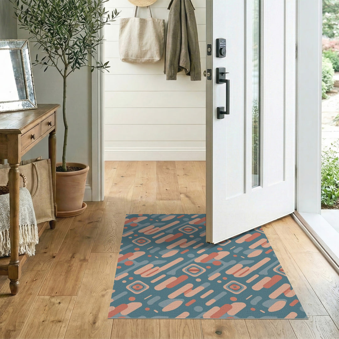 Blue Teal Geometric Washable Area Rug