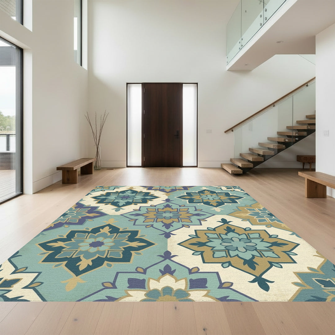 Teal Blue Gold Floral Lattice Rug