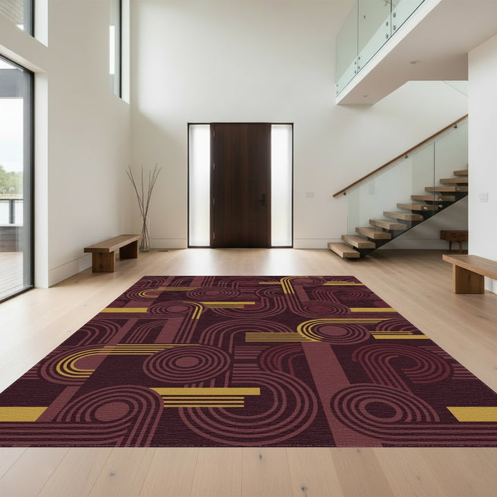 Retro Burgundy Golden Geometric Abstraction Rug