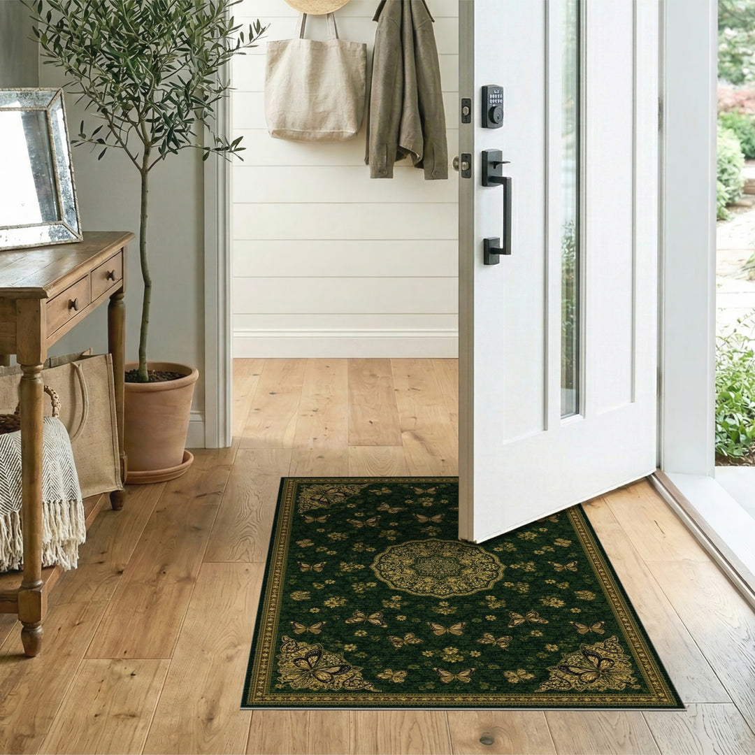 Green Gold Butterfly Medallion Area Rug