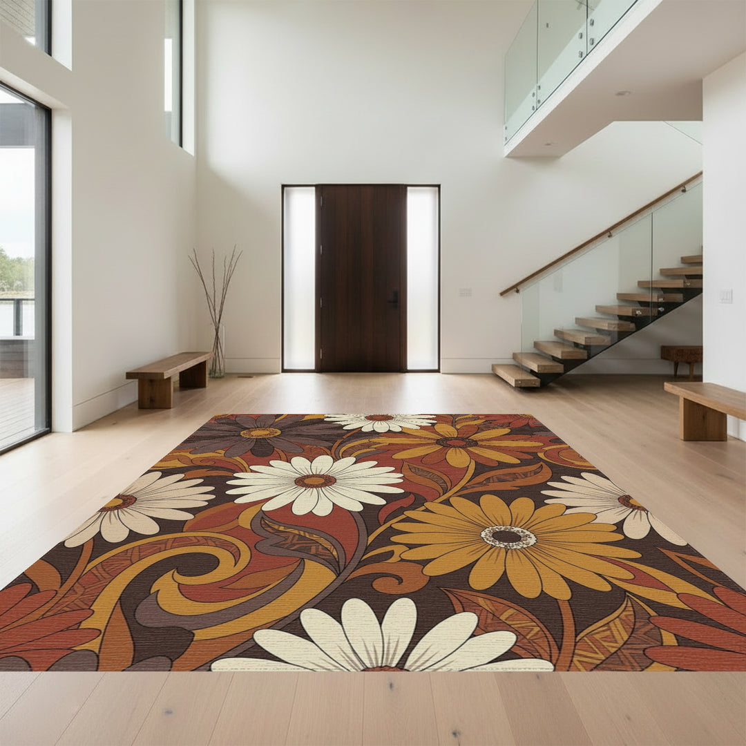 Retro Earthy Tone Floral Daisy Rug
