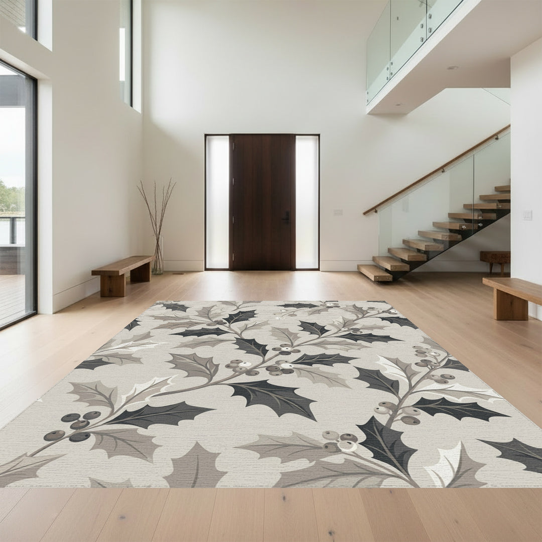 Monochromatic Holly Berry Branches Rug