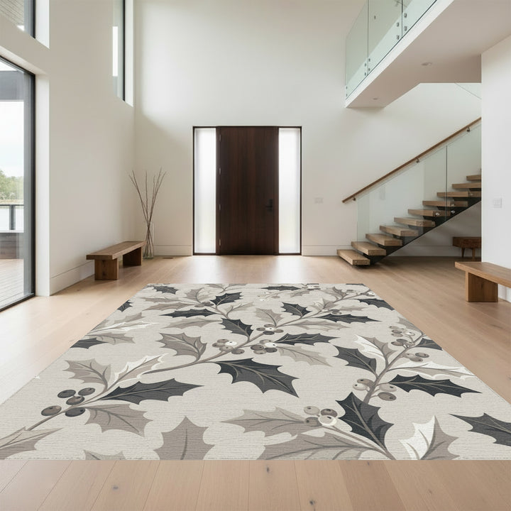 Monochromatic Holly Berry Branches Rug
