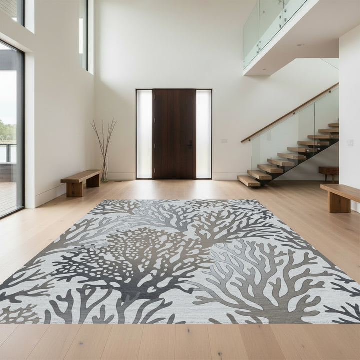 Cool Gray Coral Branch Motif Rug