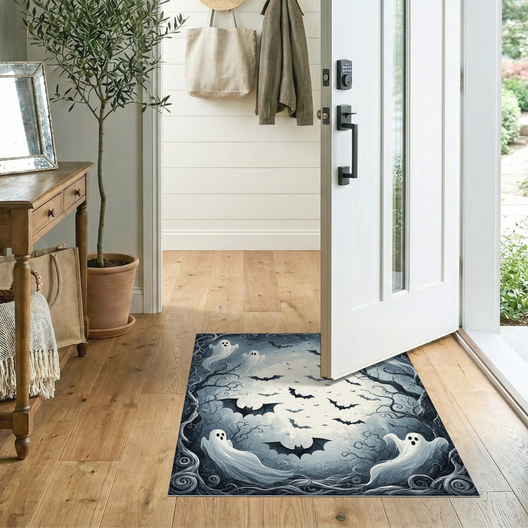 Moonlit Ghosts and Bats Black White Area Rug