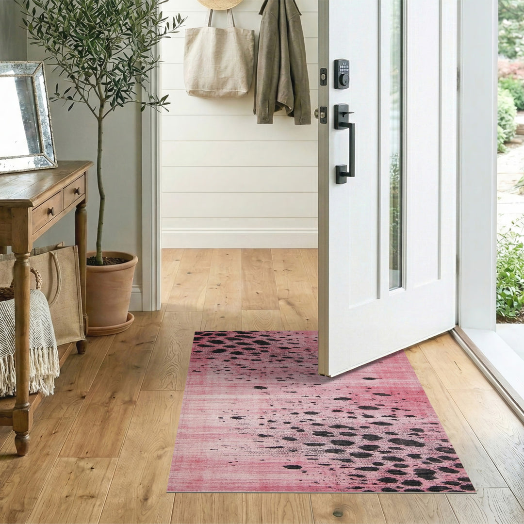 Pink Abstract Area Rug with Black Spots