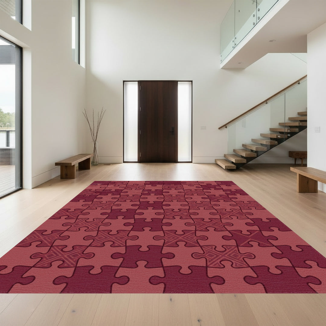 Crimson Jigsaw Puzzle Geometric Rug
