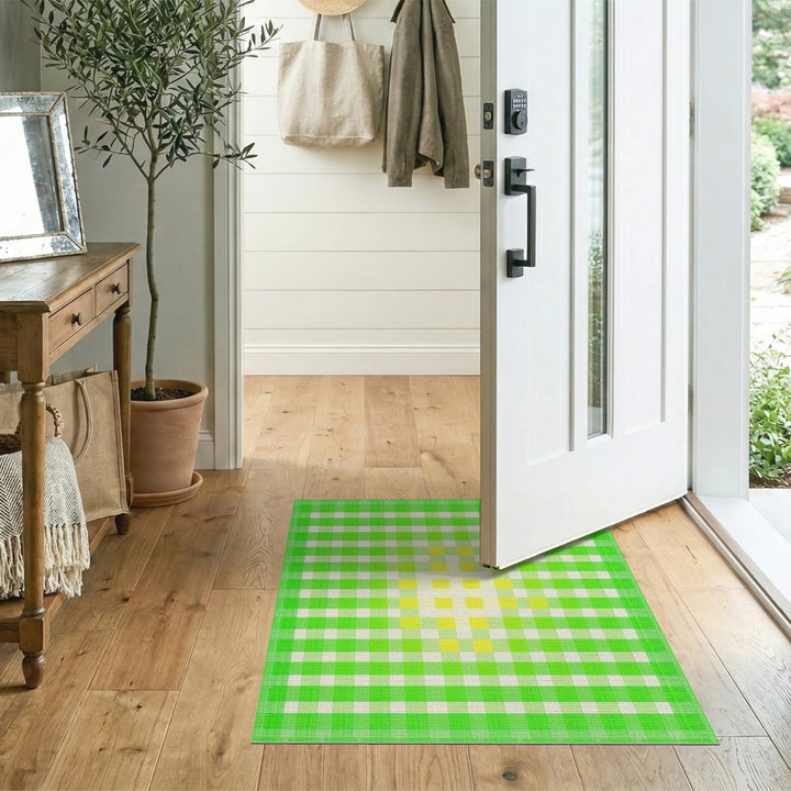 Green Checkered Geometric Green Area Rug