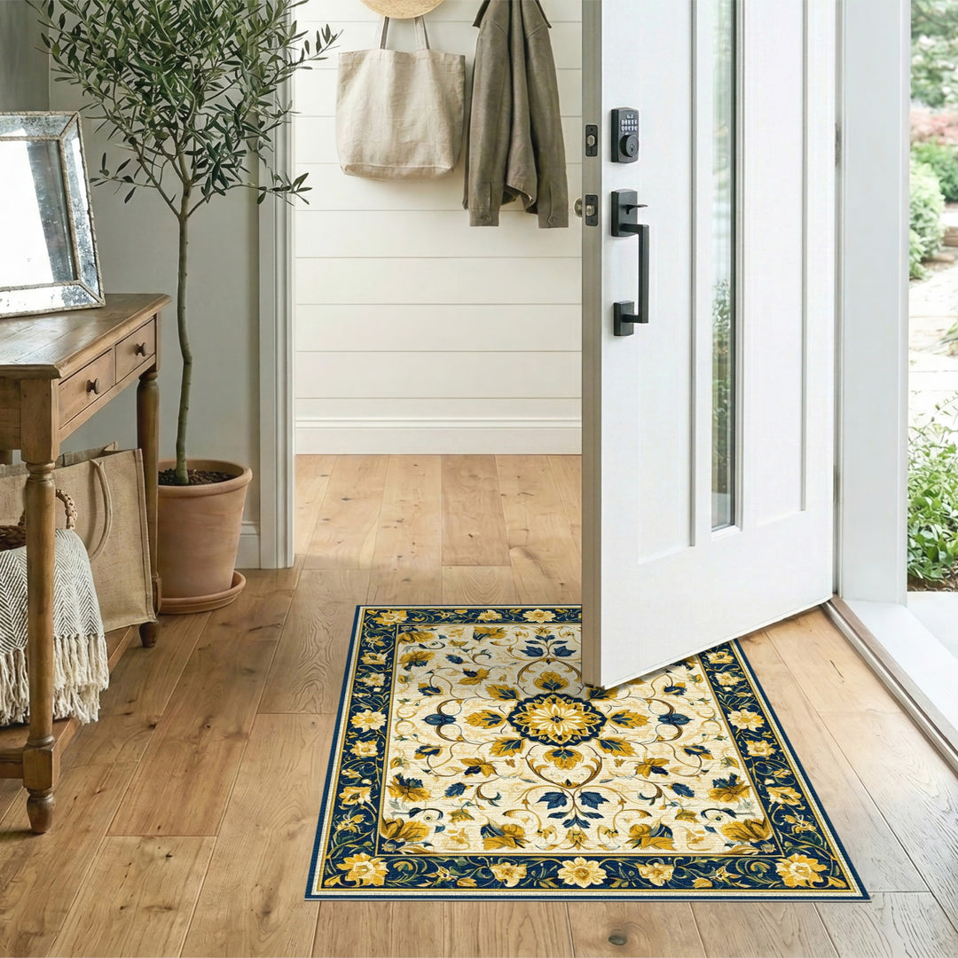 Blue and Gold Floral Medallion Area Rug