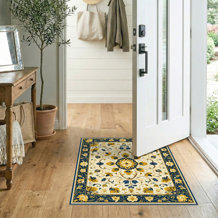 Blue and Gold Floral Medallion Area Rug