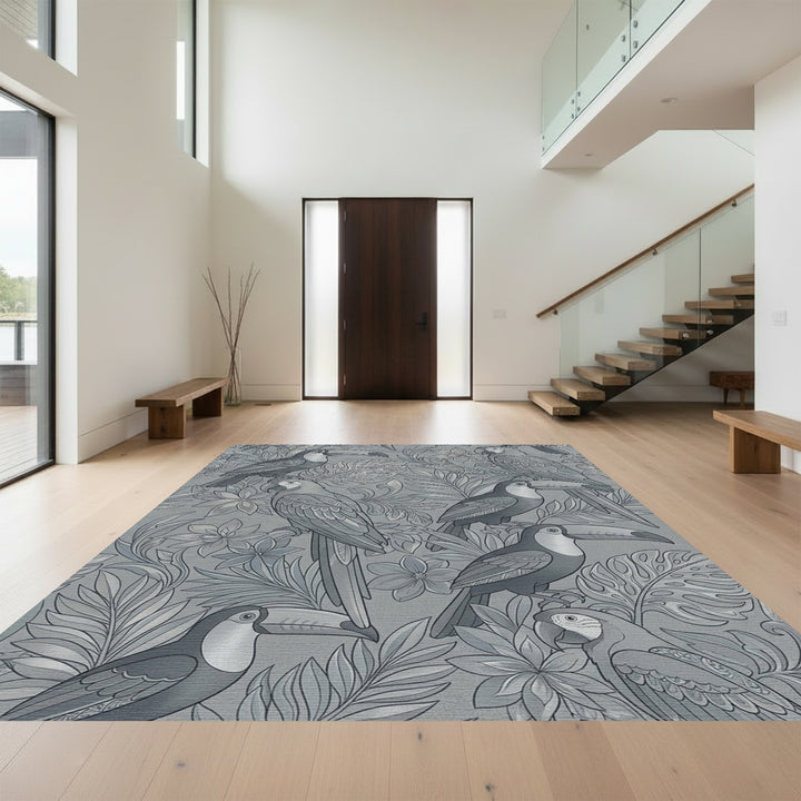 Charcoal Gray Tropical Birds Wallpaper Rug