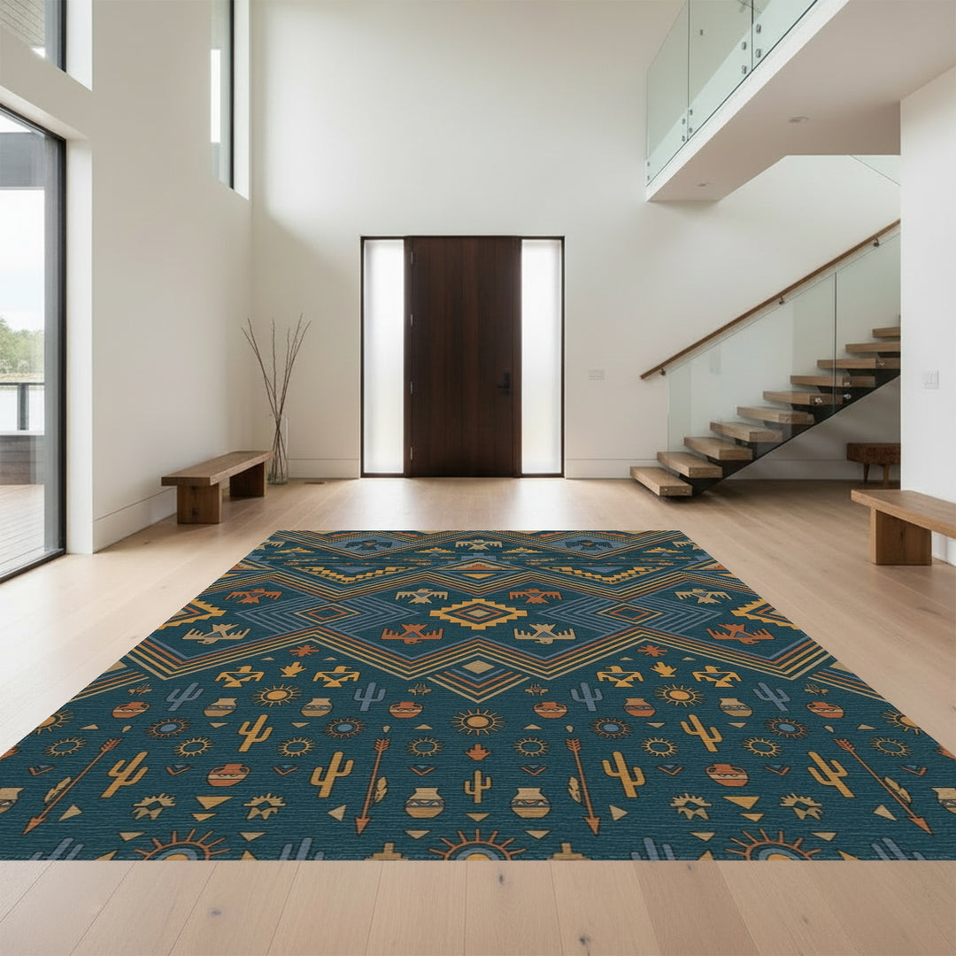 Teal Earth Tones Thunderbird Geometric Rug