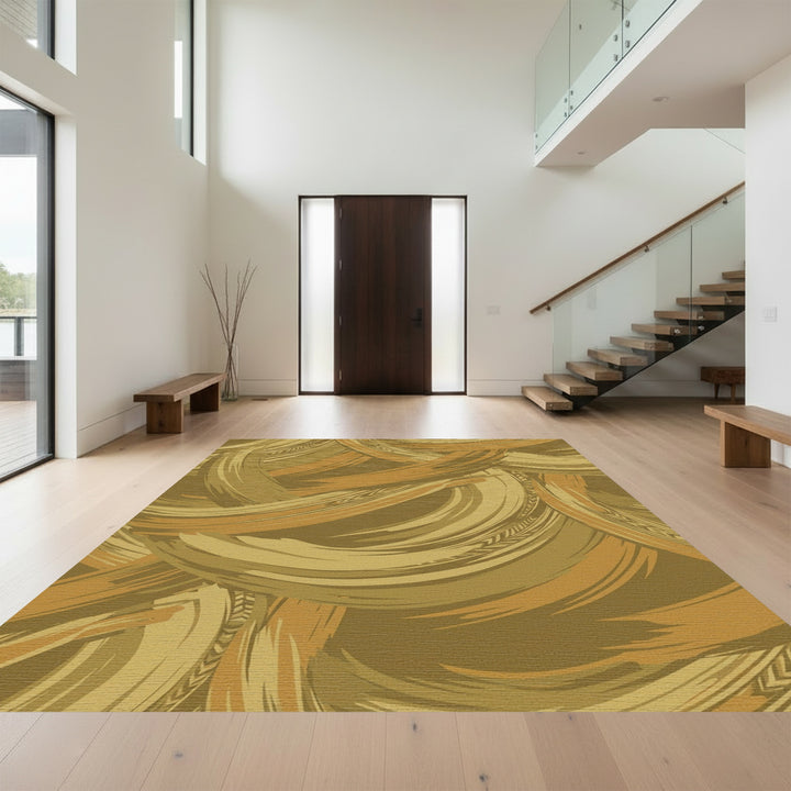 Earthy Gold Brushstroke Swirl Rug