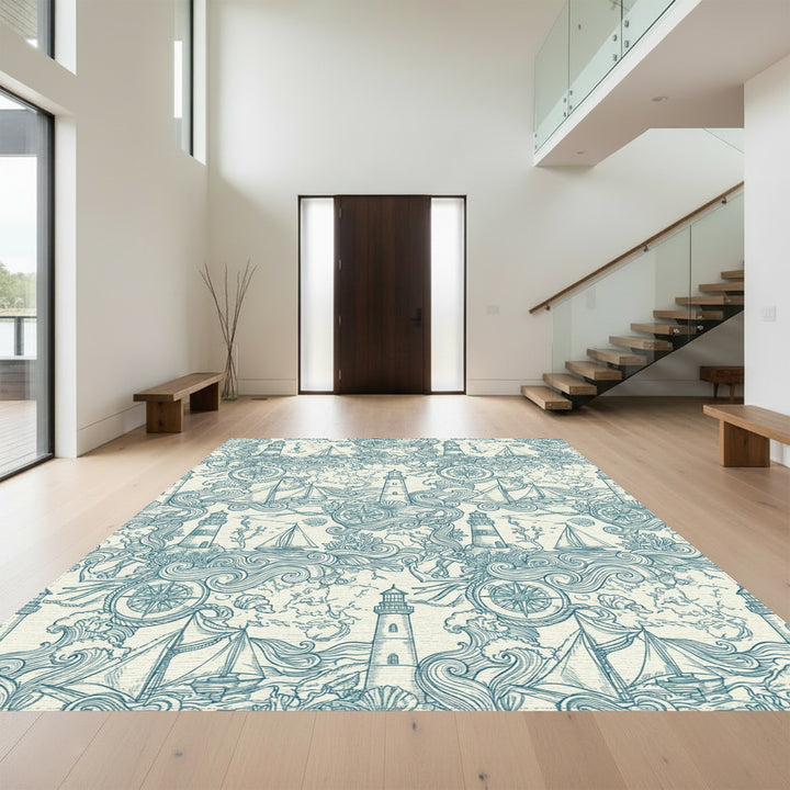 Nautical Teal Lighthouse Sailboat Compass Scenic Rug