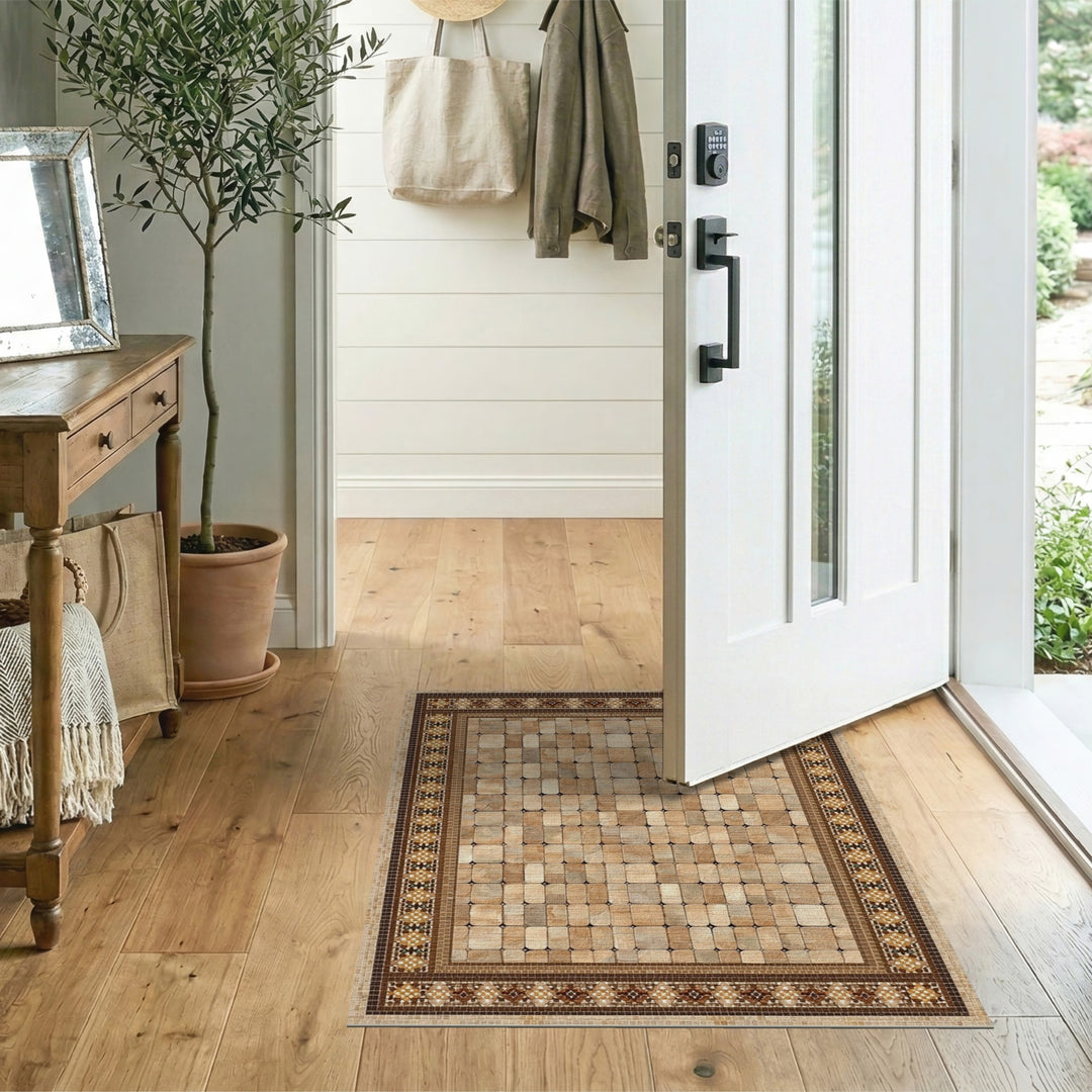 Brown Tan Mosaic Tile Area Rug