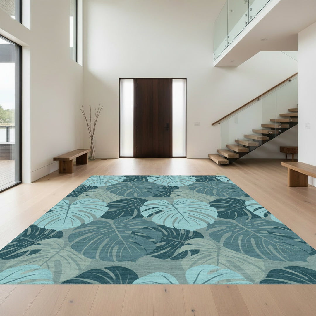 Monstera Leaf Tropical Teal Collage Rug