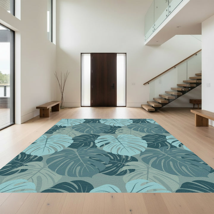 Monstera Leaf Tropical Teal Collage Rug