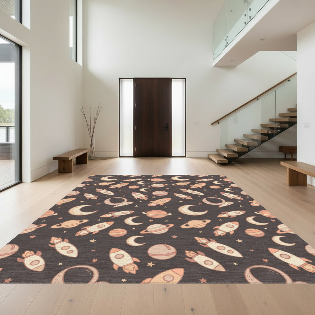 Cute Space Moon Rockets And Planets Rug