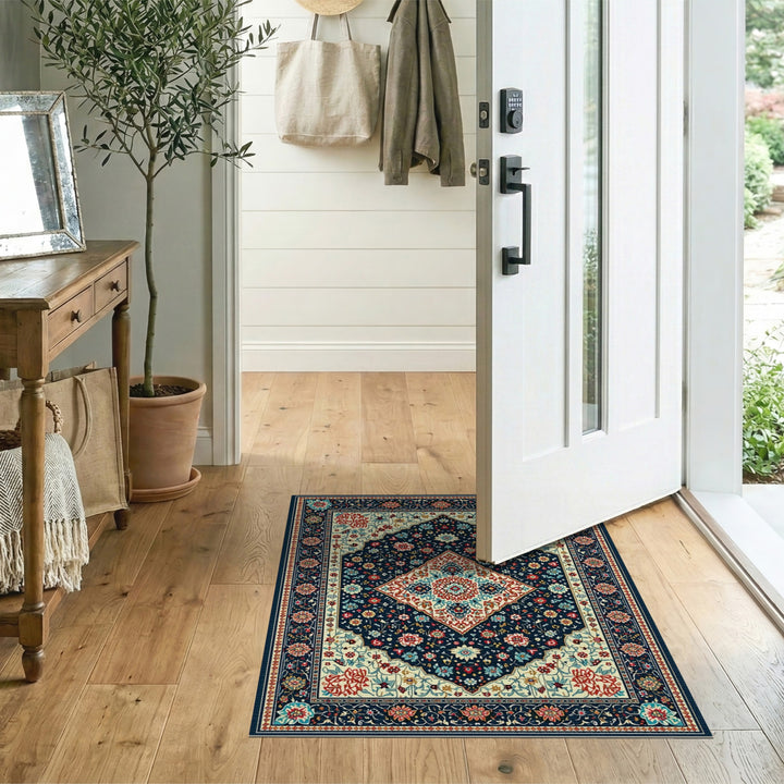 Navy Multi-color and Patterns Navy Persian Floral Medallion Area Rug
