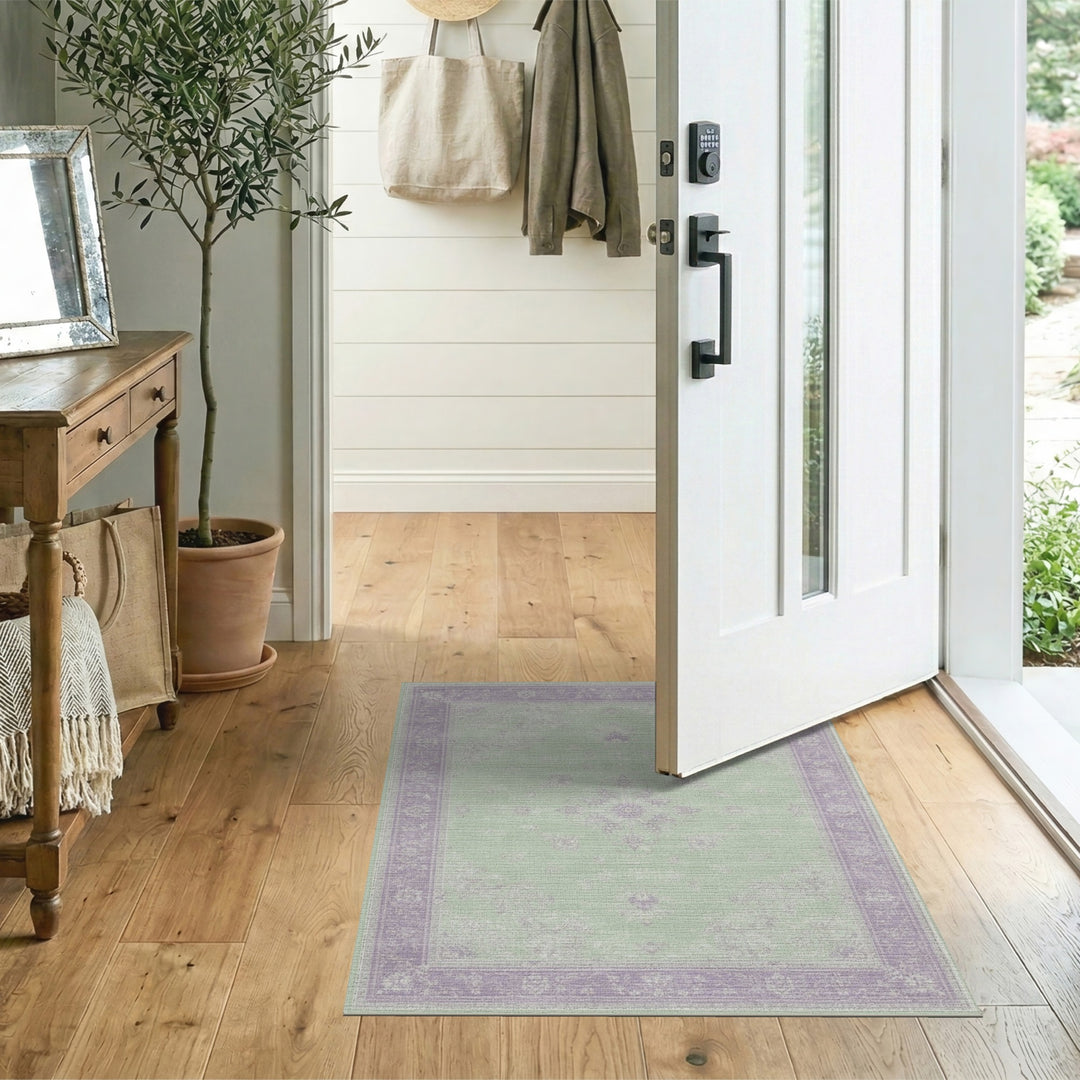 Mint Green Floral Vintage Area Rug with Lavender Border