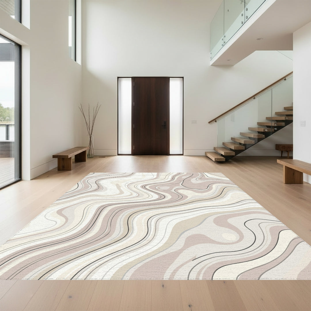 Cream and Taupe Swirling Abstract Lines Rug