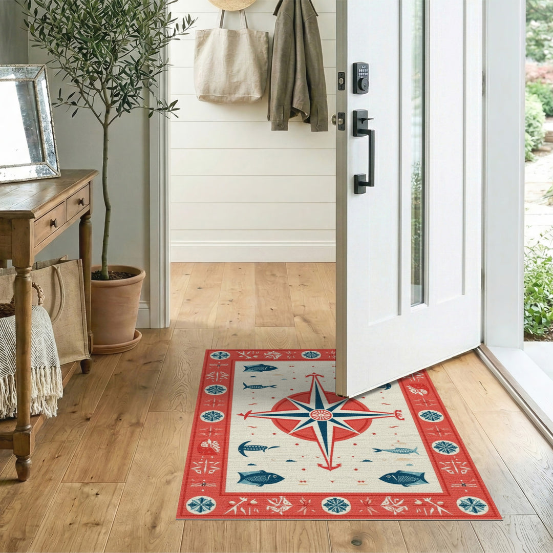 Red Nautical Compass Fish Area Rug