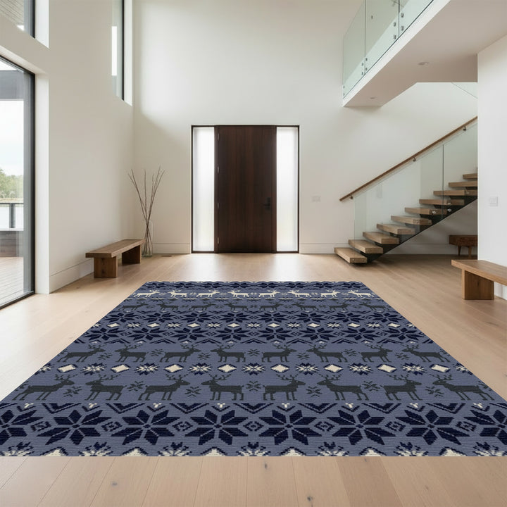 Navy Blue Deer Snowflake Fair Isle Rug