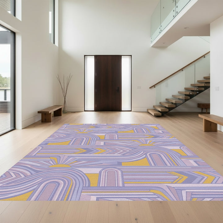 Purple Yellow Sunburst Archway Abstract Rug