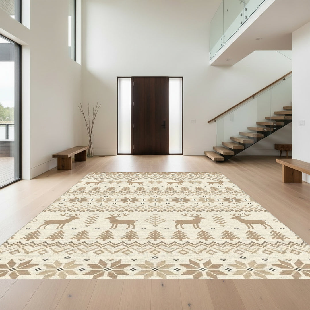 Neutral Taupe Deer Forest Jacquard Fabric Rug