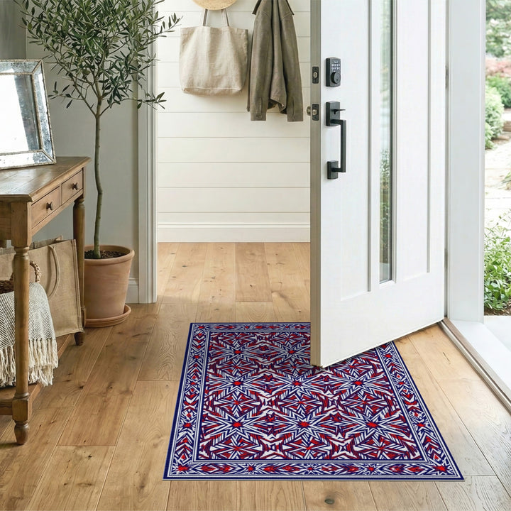 Red Blue Geometric Star Washable Area Rug