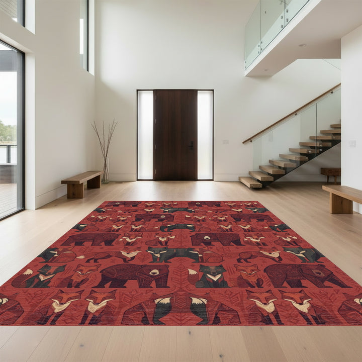 Rustic Woodland Animal Folk Art Rug