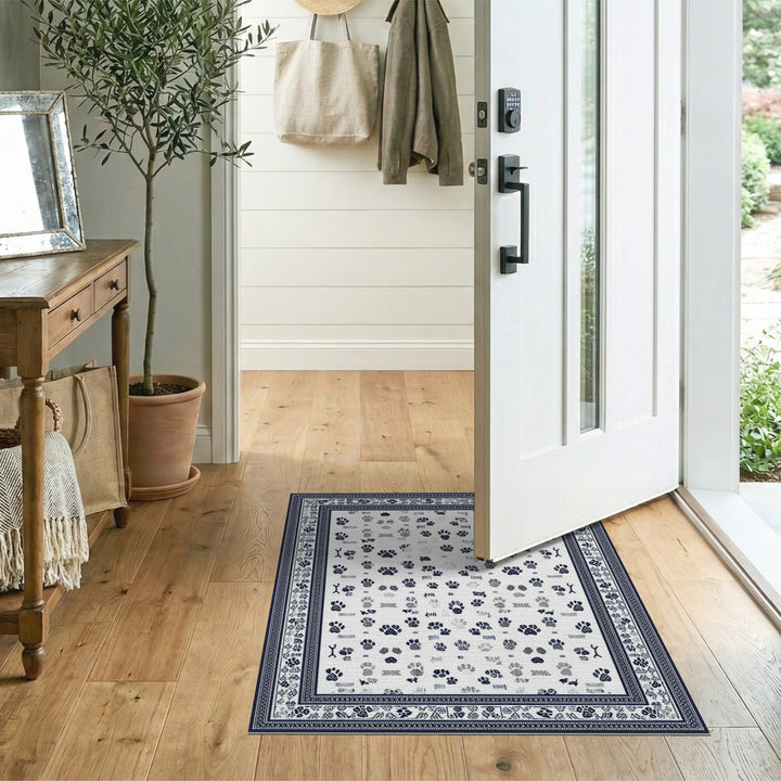 Blue Paw Print Washable Area Rug