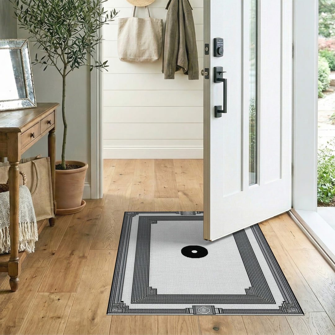 Black White Geometric Border Area Rug