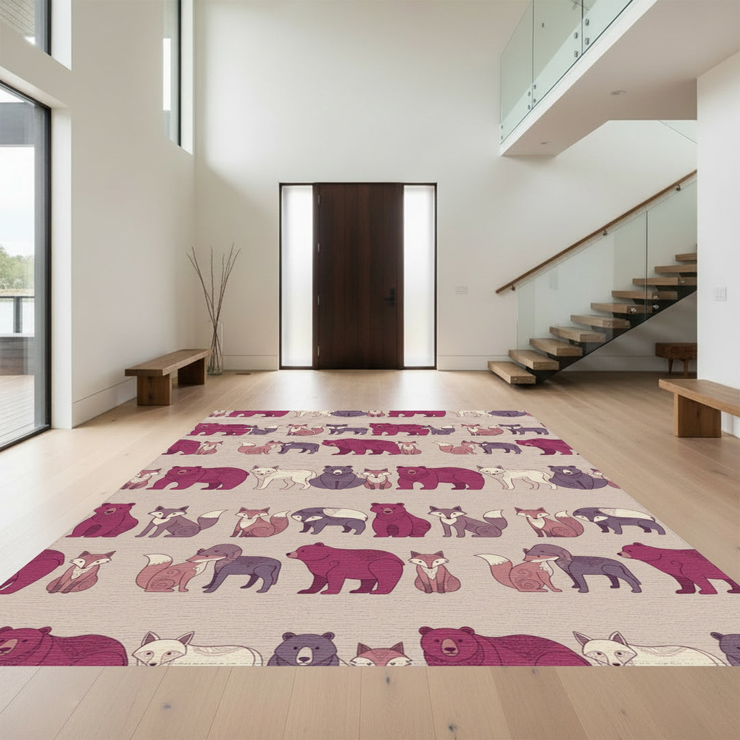 Burgundy Fox Bear Woodland Creatures Rug